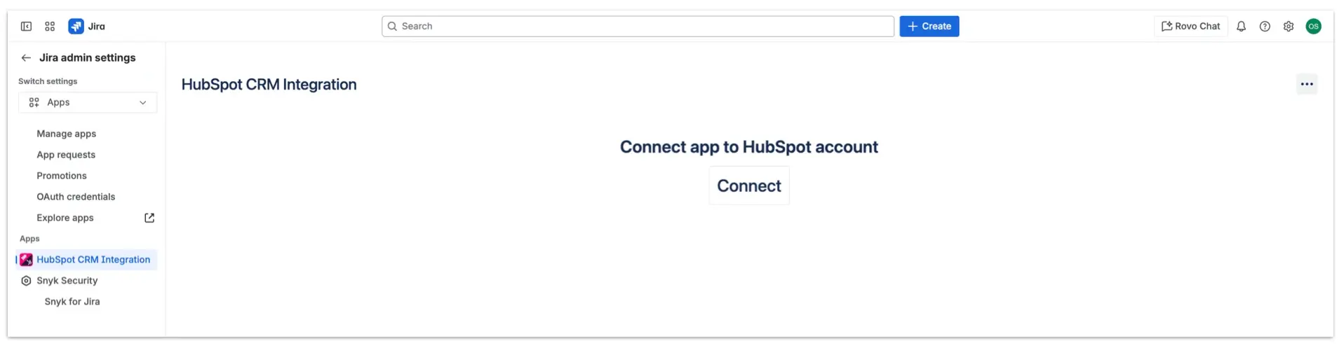 HubSpot CRM Integration for Jira screen (view from the Manage apps section) - establishing connection with a HubSpot instance
