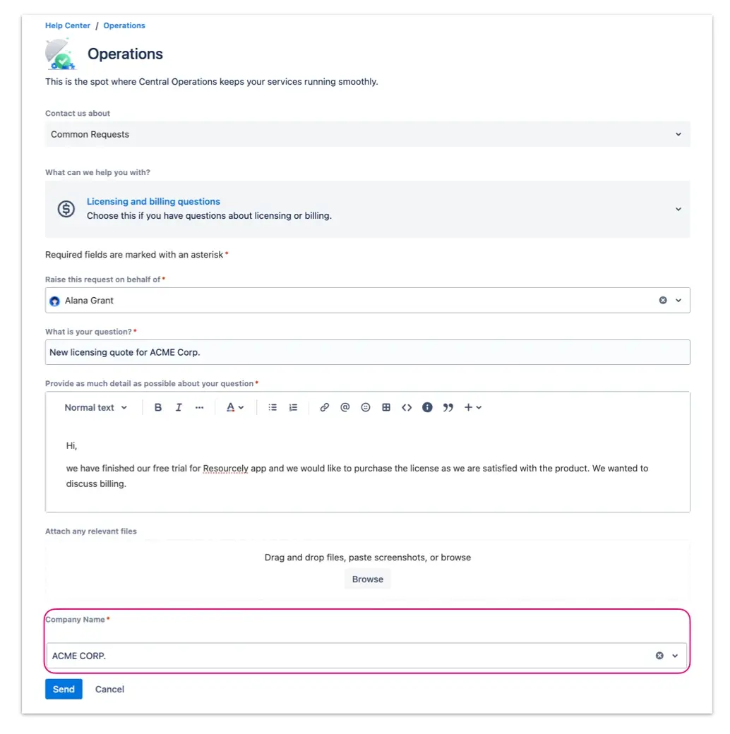 Screenshot of a request form on the JSM Service Desk with a highlighted HubSpot custom field, that has been added earlier