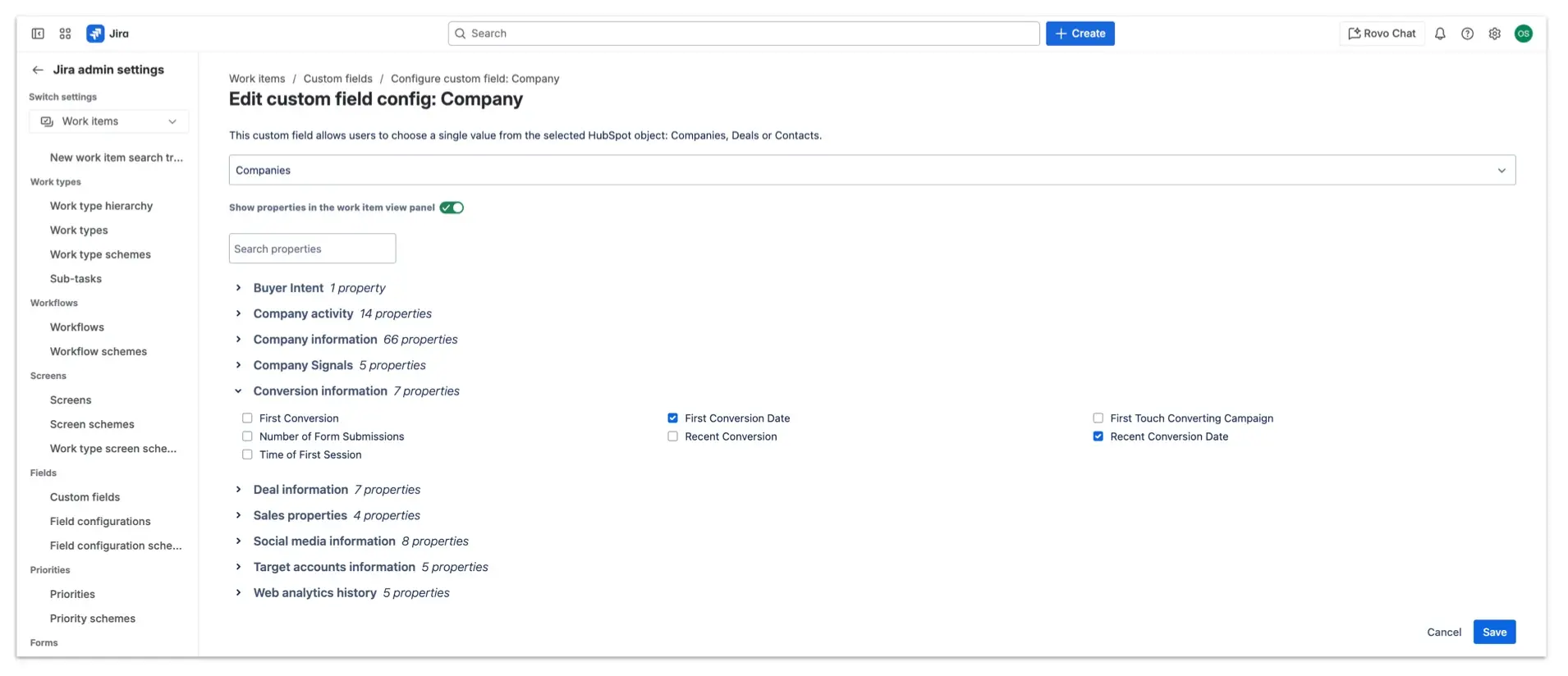 List of properties that should be additionally displayed in the HubSpot panel in the Jira work items, based on the value in the custom field